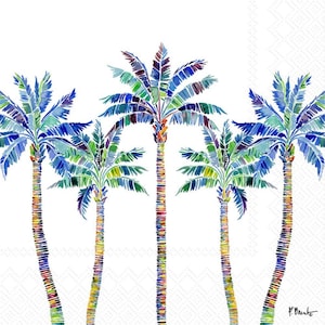May include: Watercolor illustration of five palm trees with blue, green, and purple fronds and colorful trunks. The trees are arranged in a row against a white background with a subtle geometric pattern. The artwork is signed in the lower right corner.