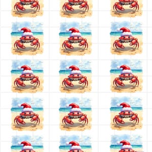 May include: Watercolor illustration of a red crab wearing a Santa hat on a beach. The crab is smiling, with a blue ocean and sandy beach in the background. The image is repeated multiple times.