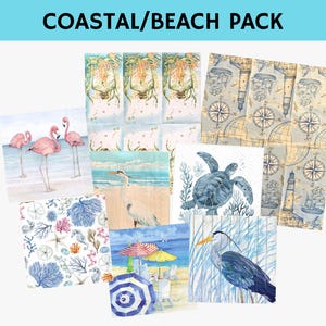 Set of 8 Coastal Decoupage Napkin Pack, Paper Craft Napkins, Beach/Coastal Theme Set, Sea Turtles, Heron, Egret, Octopus, Sea Horse, Shells