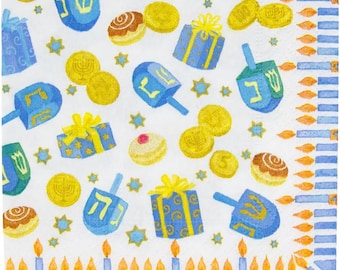 Servilletas de decoupage, servilletas Dreidel, juego de 2, tamaño cóctel, servilletas de papel judías de Hanukkah n.° 0858