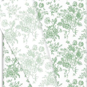 May include: A sheet of white paper featuring a repeating sage green floral pattern. The design consists of detailed line-drawn roses, buds, and leaves arranged in clusters across the surface, creating a consistent botanical motif throughout.