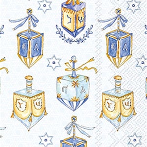 May include: A repeating pattern of blue and gold dreidels and stars on a white background. The dreidels have a square shape with a bow on top. The design is reminiscent of a watercolor painting.