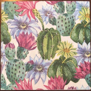 Decoupage Napkins, Cactus Flowers Napkins, Set of 2 Lunch Size, #398 Cactus Floral Craft Paper Napkins
