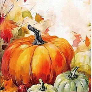 May include: An autumn-themed illustration featuring a large orange pumpkin with a black stem, surrounded by smaller green pumpkins, red berries, and colorful fall leaves. The background is a textured off-white.