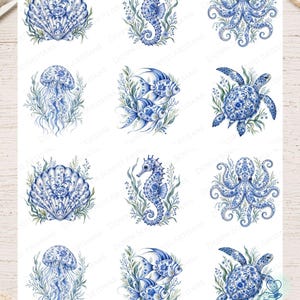 May include: A sheet of decoupage rice paper featuring twelve blue and white illustrations of marine life, including seashells, seahorses, octopuses, jellyfish, fish, and sea turtles, all decorated with intricate floral patterns on a white background.