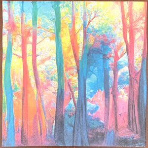 May include: A vibrant abstract painting of a forest with tall trees in shades of blue, green, yellow, orange, and pink.