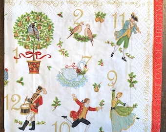 Decoupage Napkins, 12 Days of Christmas Craft Napkins, Set of 2 Lunch Size, #819 Christmas Twelve Days Craft Napkins