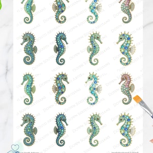 May include: A sheet of decoupage rice paper featuring sixteen seahorse illustrations arranged in a four-by-four grid. Each seahorse is decorated with blue, green, and pink jewel-like accents. The text Down South Artisans and Decoupage Rice Paper is printed at the bottom.
