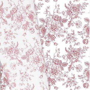 May include: White fabric with a repeating pattern of pink floral bouquets and foliage. The design features detailed illustrations of roses and other flowers, creating a classic, vintage aesthetic. The fabric is likely used for home decor or crafting.
