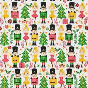 May include: A repeating pattern of Christmas-themed illustrations on a white background. The design includes toy soldiers in red, green, and yellow uniforms, ballerinas in pink and yellow dresses, green Christmas trees, and festive ornaments.