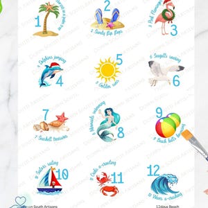 May include: A sheet of decoupage rice paper featuring twelve numbered beach-themed illustrations including a palm tree, flip-flops, a flamingo, a dolphin, a sun, a seagull, seashells, a mermaid, beach balls, a sailboat, crabs, and ocean waves.