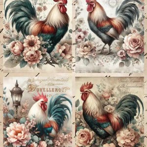 Roosters in Flowers Rice Paper A4 Size Four Images on Each Sheet, High Quality Rice Paper with Roosters, Printed in Italy