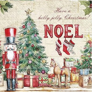 May include: A Christmas-themed illustration featuring a red and black nutcracker soldier, a decorated Christmas tree, and the word "NOEL". The image also includes gift boxes, stockings, and a rocking horse. The text reads "Have a holly jolly Christmas!"