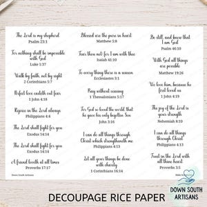 May include: A white sheet of decoupage rice paper featuring multiple black printed Bible verses and their corresponding citations. The text includes passages such as Psalm 23:1, Matthew 5:8, and Philippians 4:13, arranged in a grid format with the Down South Artisans logo.