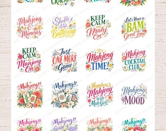 May include: A sheet of decoupage rice paper featuring twenty individual graphic designs with floral motifs and Mahjong-themed text including Mahjong Queen, Let's Get Cracking, Mahjong Vibes, Keep Calm and Mahj On, and various Mahjong tile illustrations.