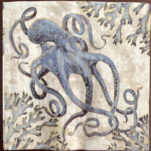 Decoupage Napkins, Octopus Napkins, Set of 2 Cocktail Size, #255 Sea Octopus Beach Coastal Craft Paper Napkins
