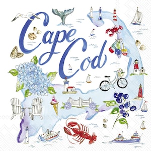 May include: Watercolor illustration of Cape Cod with blue lettering and a map outline. The image includes sailboats, lighthouses, a lobster, a bicycle, and other coastal elements. A whimsical and colorful design.