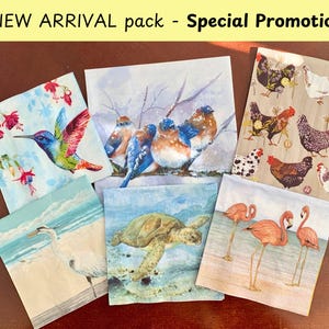 6 Pack Set of Coastal & Animal Decoupage Napkins, Craft Napkins, Beach Theme and Birds Theme, Flamingos, Turtle, Egret, Robin, Hens