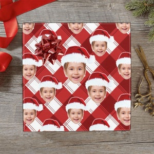 Custom Face Photo Wrapping Paper with Christmas Santa Hat, Personalized wrapping paper roll, Customized Gift Wrapping Paper Dog, Family Gift