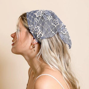 Triangle Head Scarf, Bohemian Floral Lace Headscarf, Hair Bandana, Headscarf bandana, Lace flower scarf, Boho headscarf, headscarf for women Bluish gray