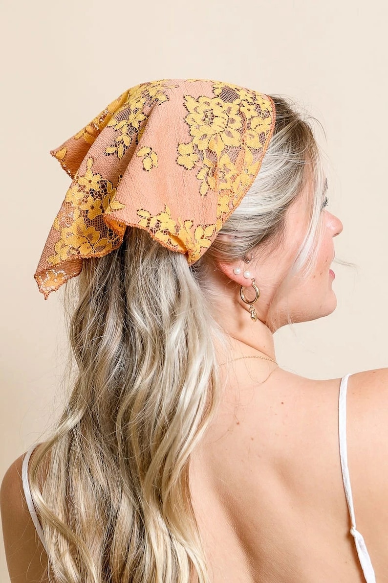 Triangle Head Scarf, Bohemian Floral Lace Headscarf, Hair Bandana, Headscarf bandana, Lace flower scarf, Boho headscarf, headscarf for women Peach