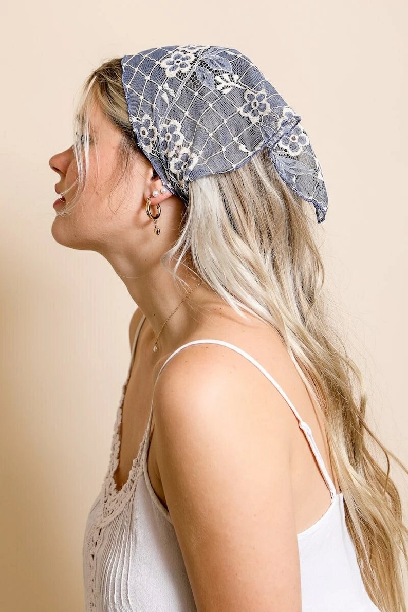 Triangle Head Scarf, Bohemian Floral Lace Headscarf, Hair Bandana, Headscarf bandana, Lace flower scarf, Boho headscarf, headscarf for women Bluish gray