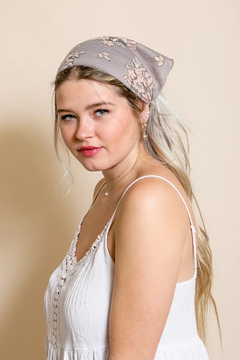 Triangle Head Scarf, Bohemian Floral Lace Headscarf, Hair Bandana, Headscarf bandana, Lace flower scarf, Boho headscarf, headscarf for women Warm gray