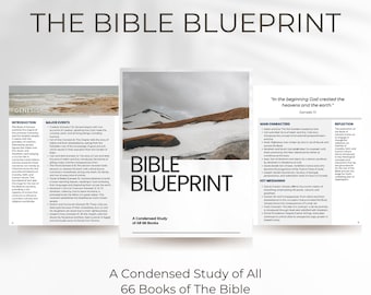 May include: A colorful, illustrated guide to the Bible, titled "The Bible Blueprint: A Condensed Study of All 66 Books". The cover features a snowy mountain landscape and the text "In the beginning God created the heavens and the earth."  Genesis 1:1.