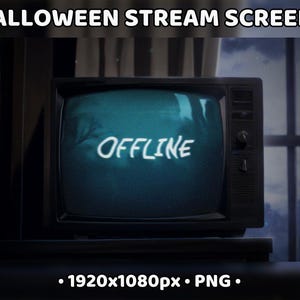 May include: A vintage television set with a blue screen displaying the word "OFFLINE" in white text. The television is in a dark room with a window in the background.