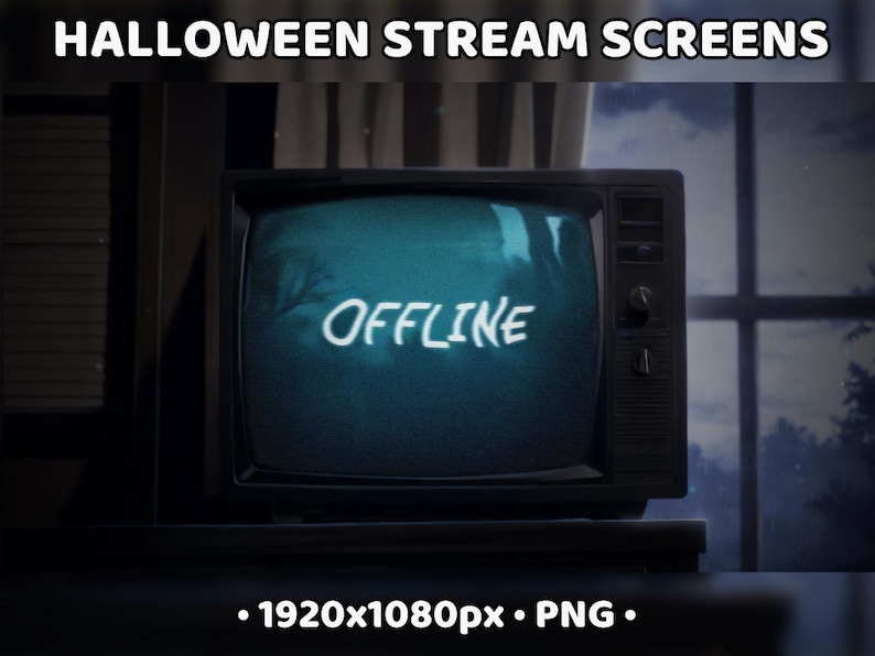 May include: A vintage television set with a blue screen displaying the word "OFFLINE" in white text. The television is in a dark room with a window in the background.