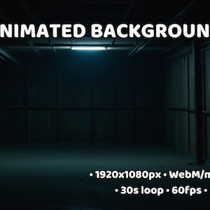 May include: Animated background of a dark, empty room with a single fluorescent light fixture on the ceiling. The room has wooden walls and a concrete floor. The text "1920x1080px. WebM/mp4. 30s loop. 60fps." is displayed at the bottom of the image.
