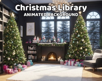 ANIMATED BACKGROUND CHRISTMAS Library | Fireplace, Snow, Vtuber Room, Ambience, Lofi, Cozy, Aesthetic, Looped | Instant Digital Download