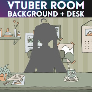 Puede incluir: Una ilustración de dibujos animados de la habitación de un streamer virtual con un escritorio, una silla, una planta en maceta, un vaso de agua con hielo y un estante con libros y un jarrón de flores. El fondo es una pared verde con rayas verticales.