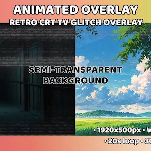 Puede incluir: Superposición animada con un efecto de glitch de TV CRT retro. La superposición es semitransparente y tiene un bucle de 20 segundos a 30 fotogramas por segundo. La superposición tiene 1920 píxeles de ancho por 500 píxeles de alto y está en formato WebM.