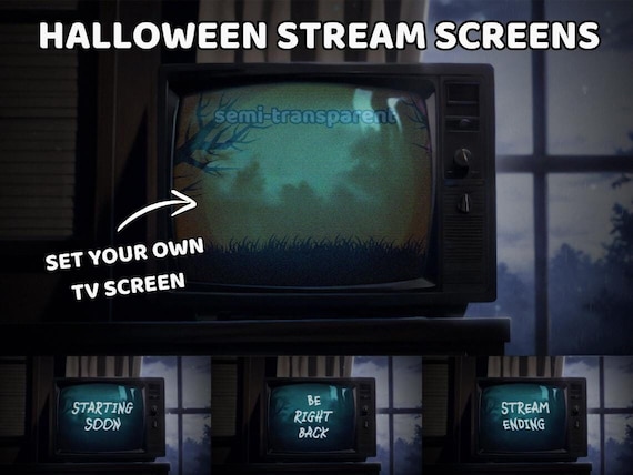 ANIMATED Stream Screens HALLOWEEN semi-transparent TV screen Old Retro Haunted Television Horror Vtuber Background Starting Soon Brb Twitch