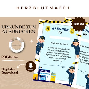 Mitgebsel Polizei Party A4 - Urkunde Polizei für den perfekten Polizeigeburtstag zum ausdrucken als PDF-Datei