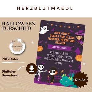 Könnte beinhalten: Digitaler Download zum Thema Halloween. Das Bild zeigt ein lila Poster mit deutschem Text und Illustrationen eines Geistes, einer Hexe, Kürbissen und eines Drachen. Das Poster lautet "Hier gibt's Süßes für kleine Monster, Hexen und Geister". Enthält eine PDF-Datei und Din A4.