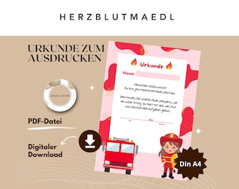 Urkunde Kindergeburtstag Feuerwehrfrau – Printable PDF Zertifikat zum Ausdrucken – Feuerwehr Party Mädchen Geburtstag