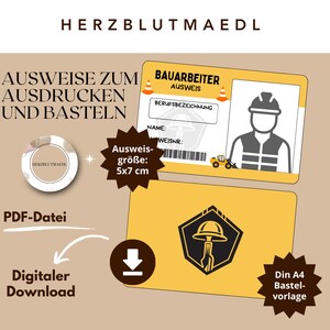 Tarjeta de identificación infantil de trabajador de la construcción para la fiesta de cumpleaños infantil en la obra - accesorio fantástico para los pequeños trabajadores de la construcción - plantilla de manualidades para descargar