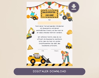Personalized construction expert certificate for children&#39;s birthdays | Printable DIY certificate with excavator, wheel loader, & more | Boy construction site party decorations |