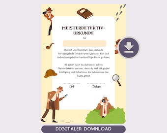 Op de afbeelding: Een printbaar certificaat voor een "meesterdetective" met een cartoon-detective-illustratie en de tekst "MEISTERDETEKTIV-URKUNDE" in het Duits. Het certificaat heeft velden voor de naam van de ontvanger, de datum en de locatie.