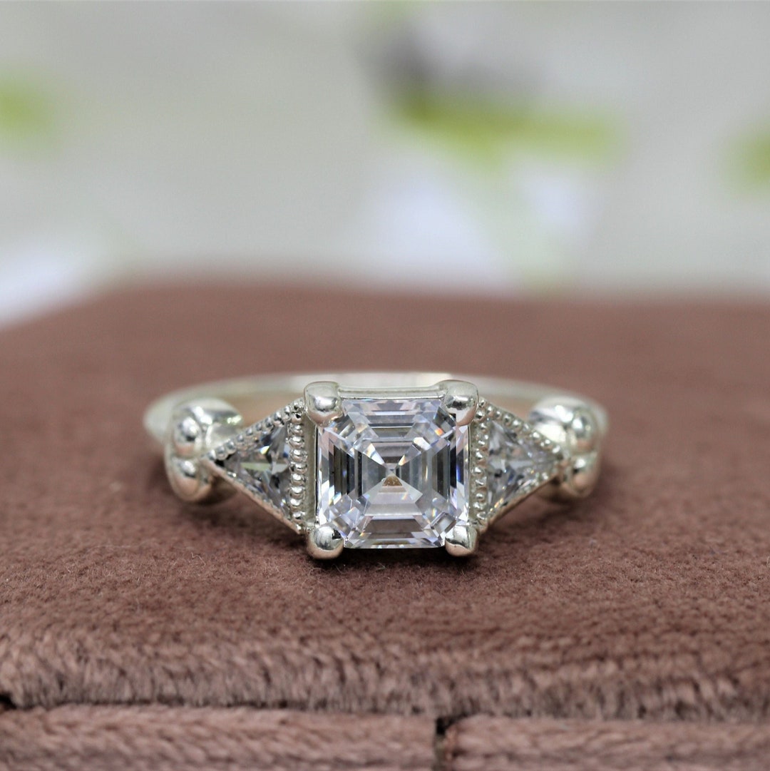 Three Stone Moissanite Art Deco Engagement Ring Vintage - Etsy
