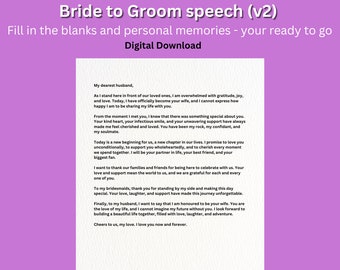 Bride to groom- speech- Version 2 Digital Download- wedding/ best man  / Maid of honour/ Groomsman / Instant download