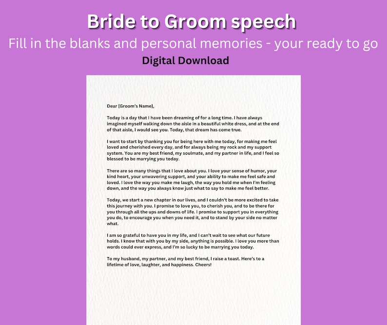 Bride to Groom Speech Digital Download Wedding/ Best Man / Maid of