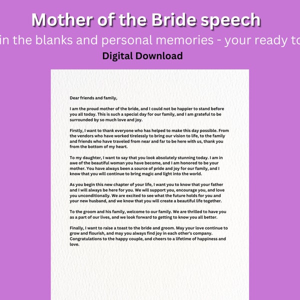 Mother of the bride - speech- Digital Download- wedding/ best man  / Maid of honour/ Groomsman / Instant download