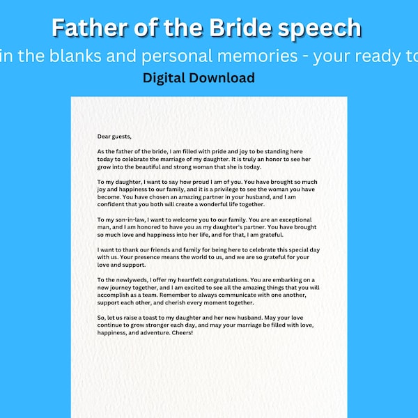 Father of the bride speech- Digital Download- wedding/ best man  / Maid of honour/ Groomsman / Instant download