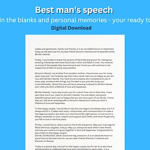 May include: A printable best man's speech template with fill-in-the-blank sections for personalizing the speech. The text includes guidance on thanking the parents of the bride and groom, praising the couple, and offering well wishes for their future.