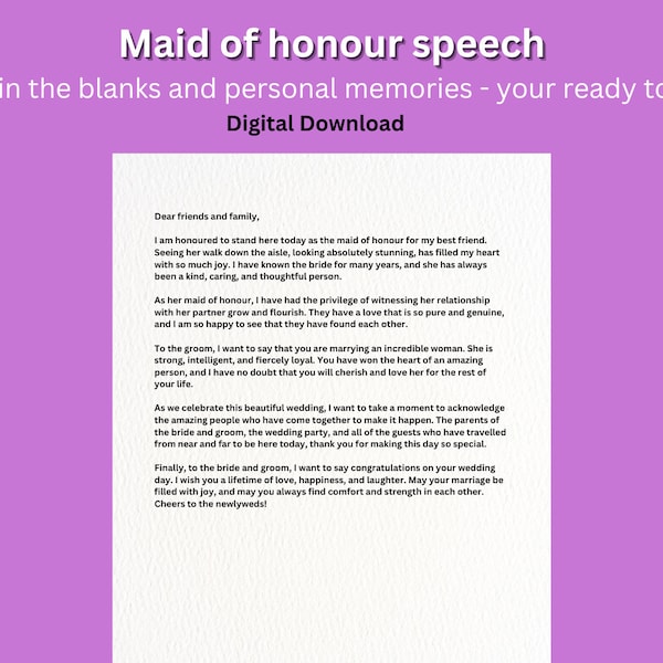 Maid of honour - speech-Digital Download- wedding/ best man  / Maid of honour/ Groomsman / Instant download