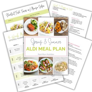 May include: A four-week meal plan for spring and summer featuring recipes from Aldi. The meal plan includes a variety of dishes, such as fish tacos, chicken drumsticks, and pasta salad. The plan is designed to be healthy and affordable.