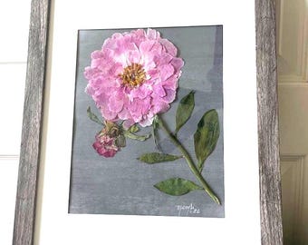 Real Oshibana art (押し花). Pink Peonies Botanical Artwork Framed,Flowers Botanical Wall Art,  Flower Decoration, bouquet